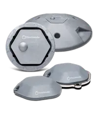 Four grey Fleximodo IoT parking sensor models together: in-ground, surface adaptor and two Mini units